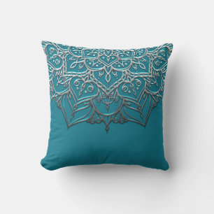 Teal- und Silber-Mandala Elegant Minimalistisch Ma Kissen