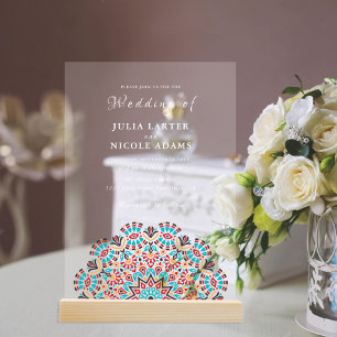 Teal- und Weinaroma-Küche-Mandala-Hochzeit Acryleinladungen