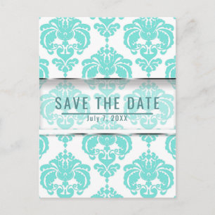Teal- und Weiß-Damaskus-Chic-Hochzeit - Rettet das Ankündigungspostkarte