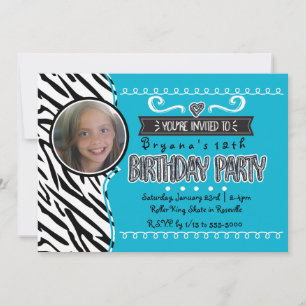 Teal- und Zebra-Girls-Birthday-Foto-Einladungen Einladung