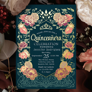 Teal verzauberte Garten Floral Quinceanera Folieneinladung