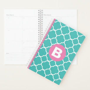 Teal-Vierblattmuster mit individuellem rosa Monogr Planer