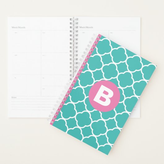 Teal-Vierblattmuster mit individuellem rosa Monogr Planer (Anzeige)