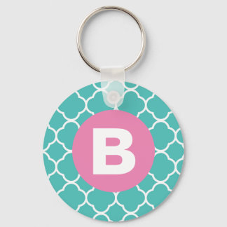 Teal-Vierblattmuster mit individuellem rosa Monogr Schlüsselanhänger