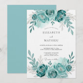 Teal Watercolor Bloom Romance Wedding Einladung (Vorne/Hinten)