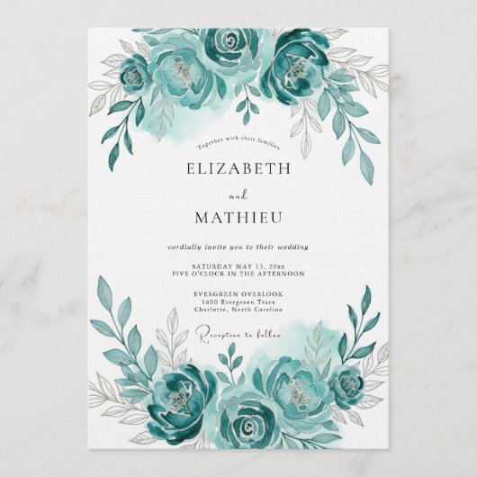 Teal Watercolor Bloom Romance Wedding Einladung (Vorderseite)
