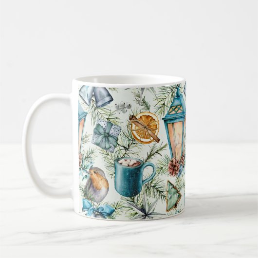 Teal Watercolor Christmas Elements Pattern Kaffeetasse (Links)