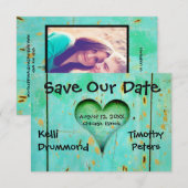 Teal Weathered Wood Heart 3x5Wedding Save the Date (Vorne/Hinten)
