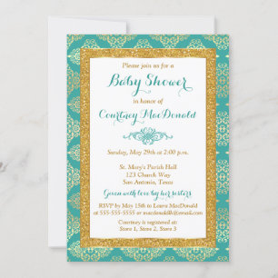 Teal, Weiß, Gold FAUX Glitter Baby Shower Einladun Einladung