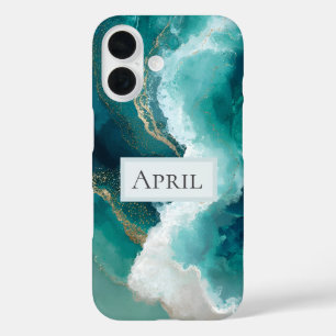 Teal, Weiß & Gold Marmor iPhone 16 Hülle