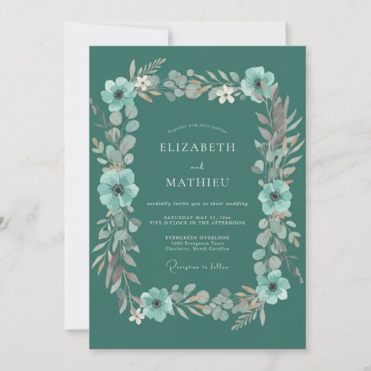 Teal Whimsical Blossom Hochzeit Einladung (Vorderseite)