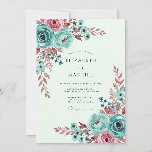 Teal Whimsical Botanical Spring Wedding Einladung (Vorderseite)