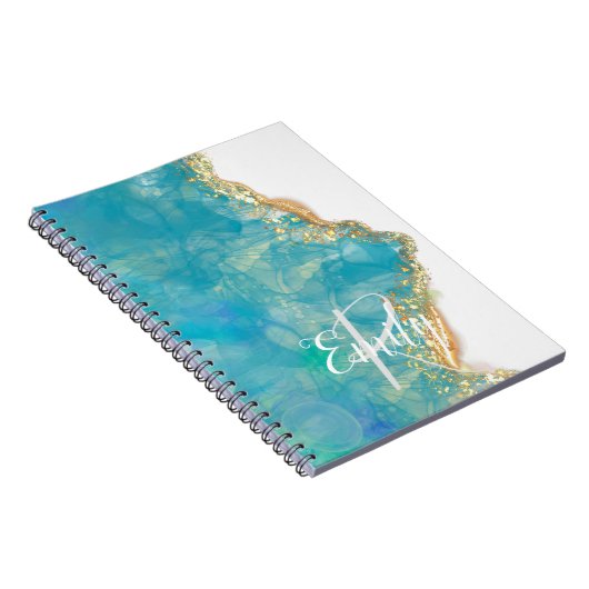 Teal & White Agate Marble Abstract Name Monogram Notizblock (Rechte Seite)