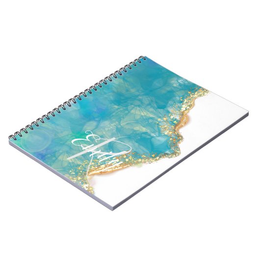 Teal & White Agate Marble Abstract Name Monogram Notizblock (Linke Seite)