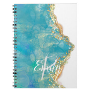 Teal & White Agate Marble Abstract Name Monogram Notizblock
