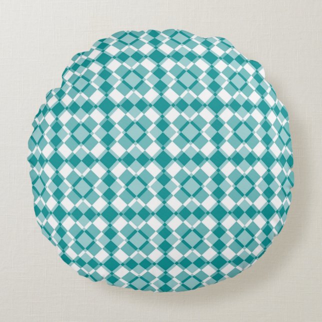 Teal White Checker Argyle Pattern Rundes Kissen (Vorderseite)