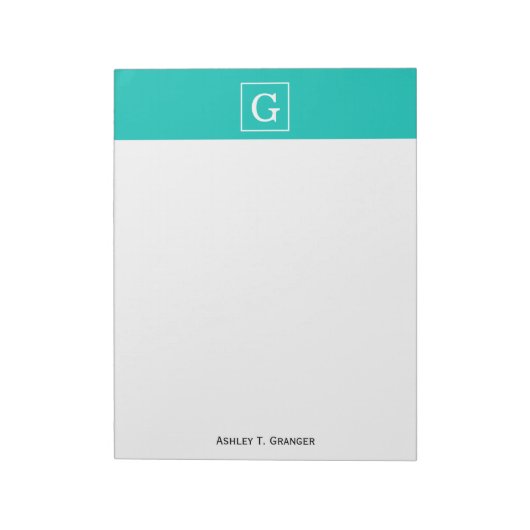 Teal White Framed Initial Monogram Notizblock (Rotiert)