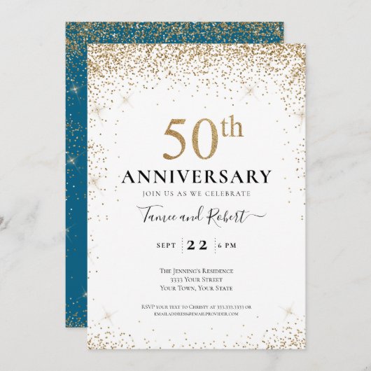 Teal White Gold 50th Wedding Anniversary  Einladung (Vorne/Hinten)
