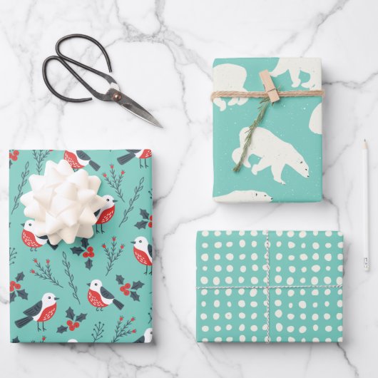 Teal Winter Christmas Theme Patterned Gift Geschenkpapier Set (Vorderseite)