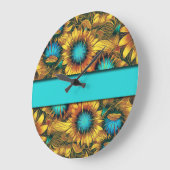 Teal With Colorful Sunflower Große Wanduhr (Winkel)