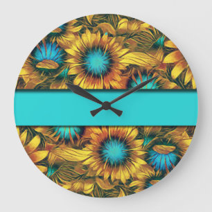 Teal With Colorful Sunflower Große Wanduhr