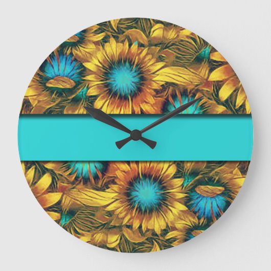 Teal With Colorful Sunflower Große Wanduhr (Vorderseite)