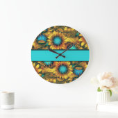Teal With Colorful Sunflower Große Wanduhr (Zuhause)