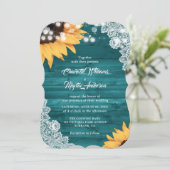Teal Wood Lace String Lights Sunflower Wedding Einladung (Stehend Vorderseite)