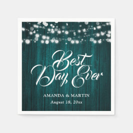 Teal Wood String Lights Rustic Wedding Serviette