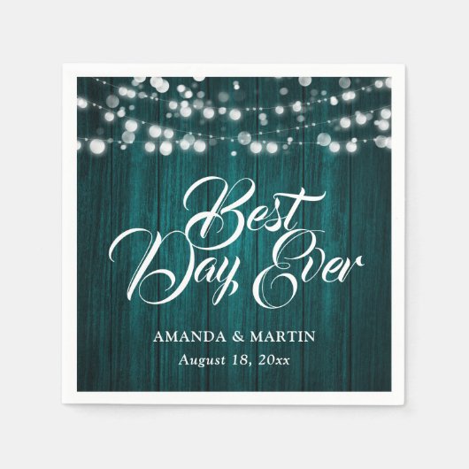 Teal Wood String Lights Rustic Wedding Serviette (Vorderseite)