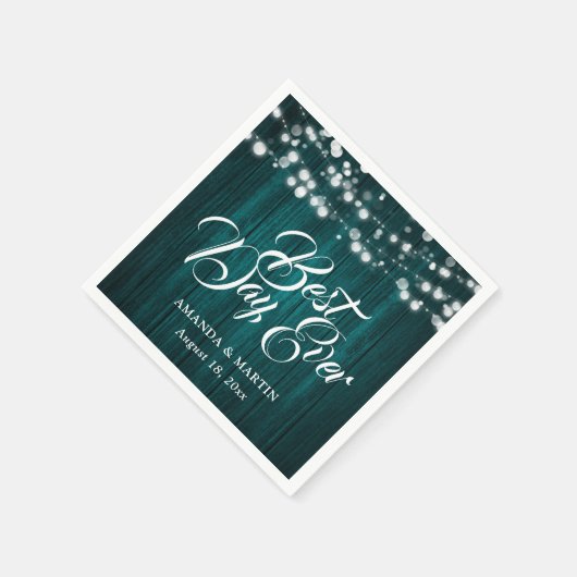 Teal Wood String Lights Rustic Wedding Serviette (Ecke)