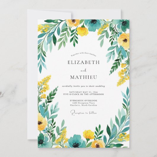 Teal Yellow Blooming Romance Wedding Einladung (Vorderseite)
