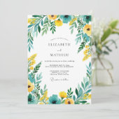 Teal Yellow Blooming Romance Wedding Einladung (Stehend Vorderseite)