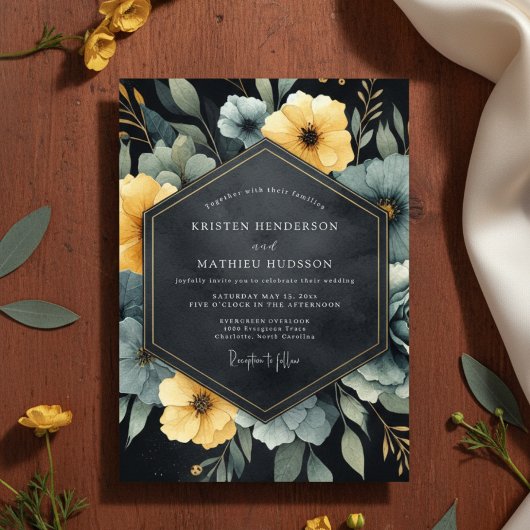 Teal Yellow Botanical Romance Wedding Einladung