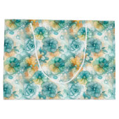 Teal Yellow Floral Alcohol Ink Style Pattern Große Geschenktüte (Rückseite)