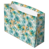 Teal Yellow Floral Alcohol Ink Style Pattern Große Geschenktüte (Rückseite Schrägansicht)