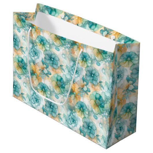 Teal Yellow Floral Alcohol Ink Style Pattern Große Geschenktüte (Vorderseite Schrägansicht)