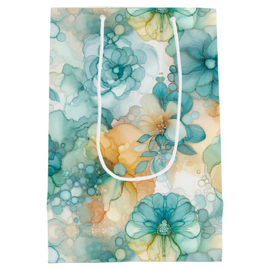 Teal Yellow Floral Alcohol Ink Style Wine, Small, Mittlere Geschenktüte (Rückseite)