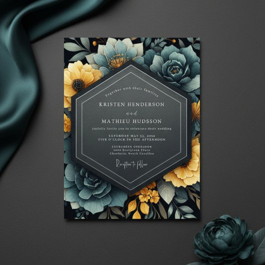 Teal Yellow Floral Bloom Wedding Einladung