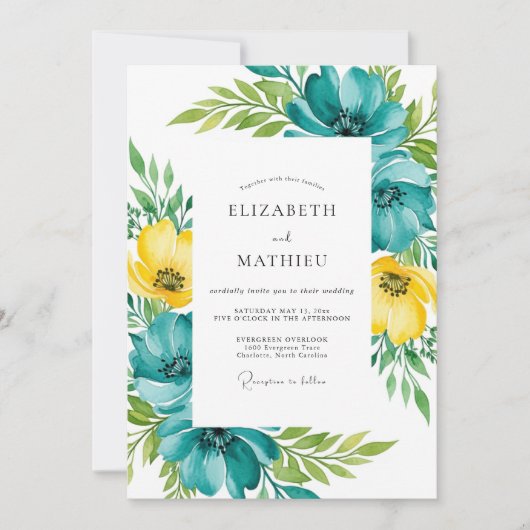 Teal Yellow Floral Spring Wedding Einladung (Vorderseite)