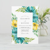 Teal Yellow Floral Spring Wedding Einladung (Stehend Vorderseite)