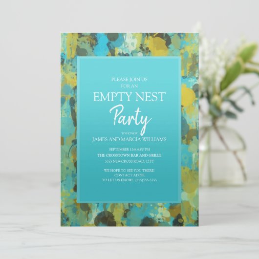 Teal Yellow Green Abstract Empty Nest Party Einladung (Stehend Vorderseite)