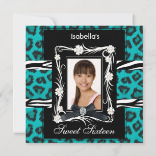 Teal Zebra Leopard Sweet Sixteen 16 Schwarz Weiß Einladung