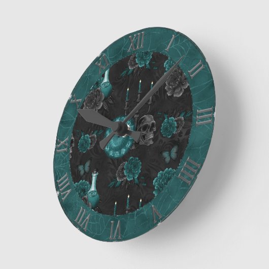 Teal Zodiac Magic Green Gothic | Skull Roses Runde Wanduhr (Winkel)