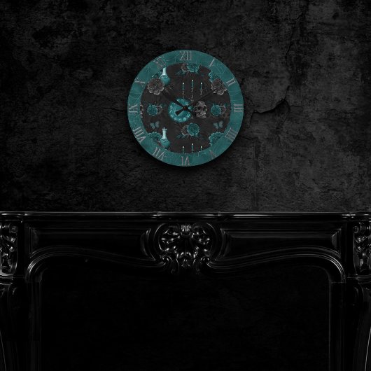Teal Zodiac Magic Green Gothic | Skull Roses Runde Wanduhr
