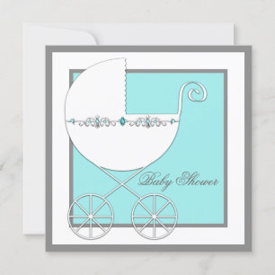 Tealblaue Baby Shower mit Kinderwagen Einladung