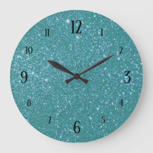 Tealblaue Glitter-Glamour mit schwarzen Zahlen Große Wanduhr