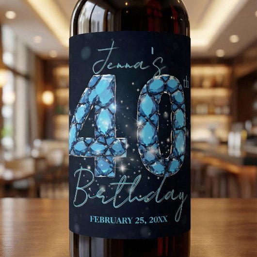 Tealblauer Saphir-Edelstein Glam 40. Geburtstag Weinetikett
