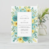 Tealgelbe Blumengrüße Hochzeit Einladung (Stehend Vorderseite)