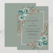 Tealgrüne Blütenhochzeit Einladung (Vorne/Hinten)